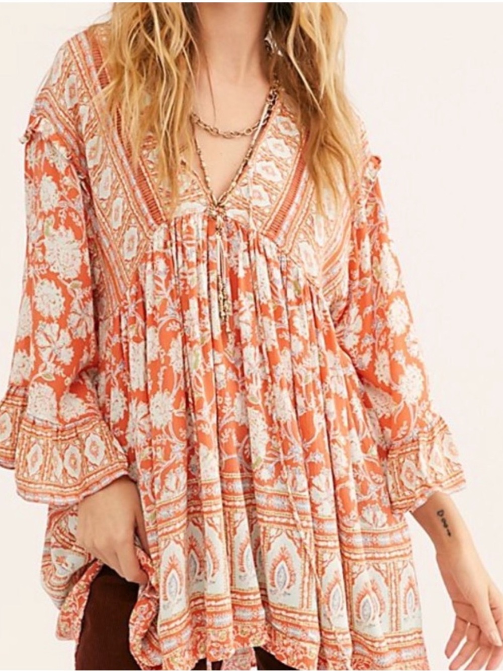 Free People Moonlight Dance Tunic Top Red Boho Floral Peasant Blouse oversized L